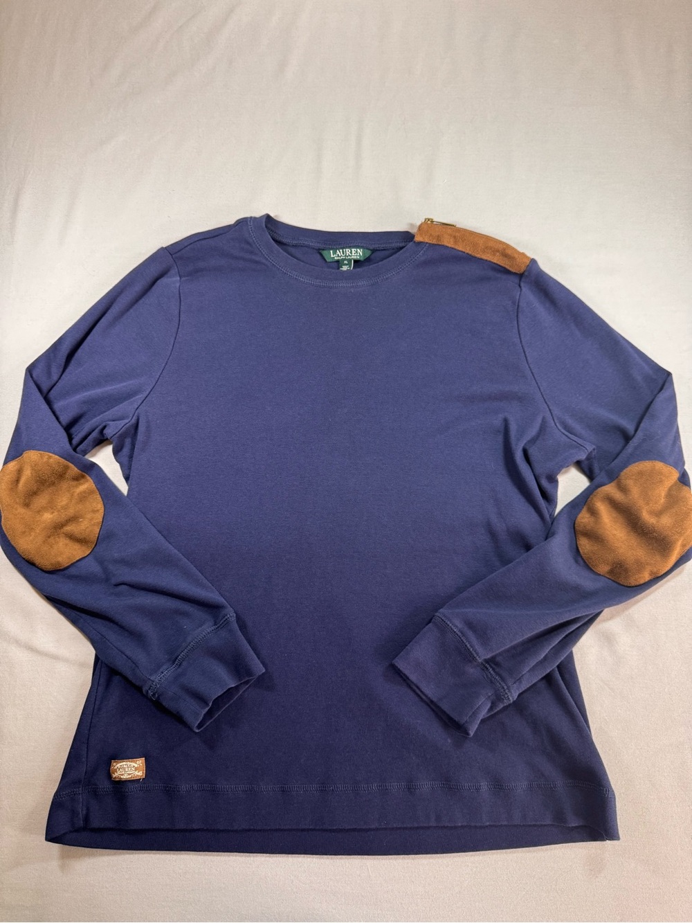 Lauren Ralph Lauren Navy Long Sleeve Shirt with Tan Elbow Patches XL